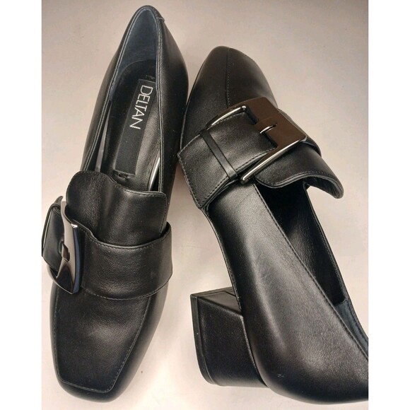 Deltan Sz 7 Veronica Black Leather Metal Buckle Flared Block Heel Pumps - Picture 7 of 16